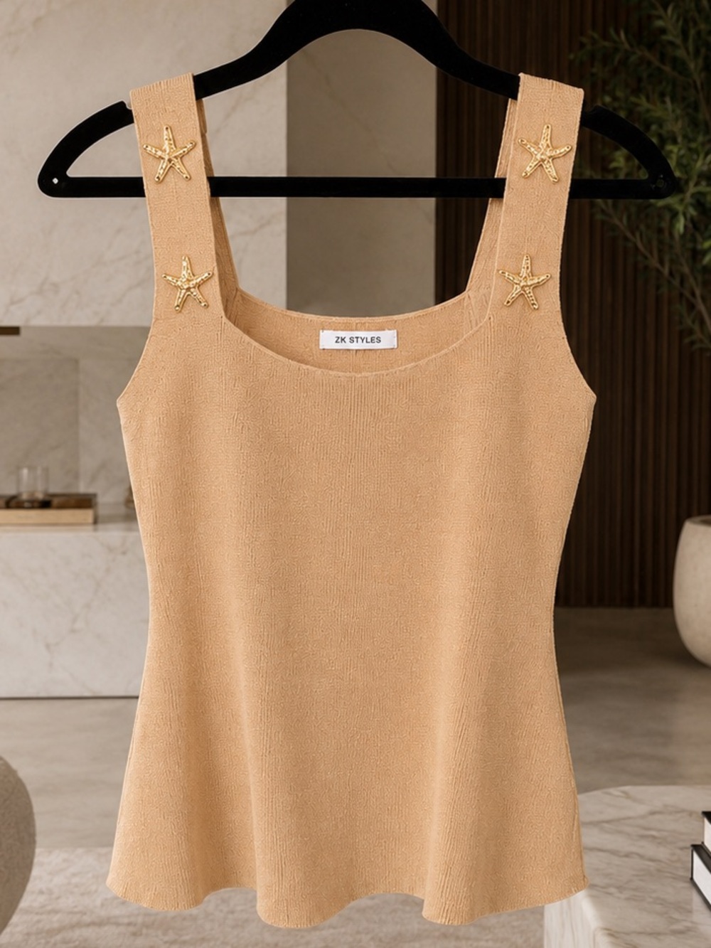 Tan Star-Accent Knit Tank Top